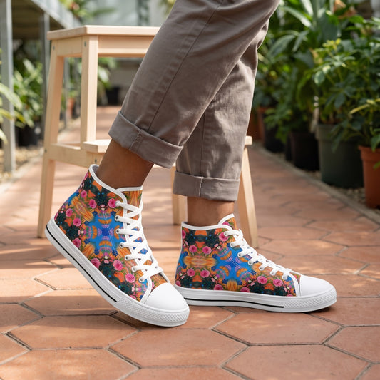 GeoGarden Ladies' High Top Sneakers — Geometric greenhouse aisle; clean honeycomb terracotta tiles, pale stool, dense greenery