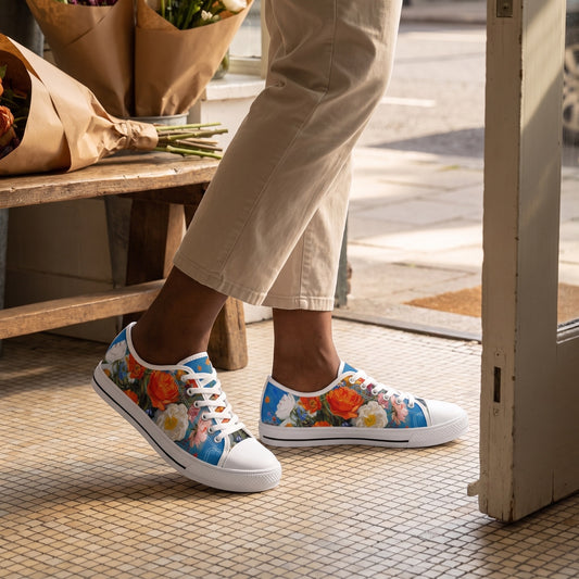 Blooming Bliss Ladies' Low Top Sneakers — Independent flower shop threshold; cream mosaic floor, paper-wrapped stems on bench, sunny open door