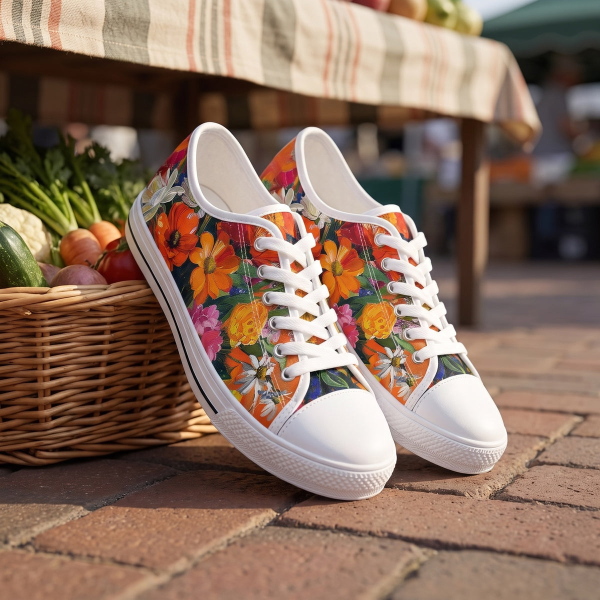 Blossom Blaze Ladies' Low Top Sneakers — Weekend farmers market; warm brick pavement, wicker produce basket at edge, striped canvas canopy