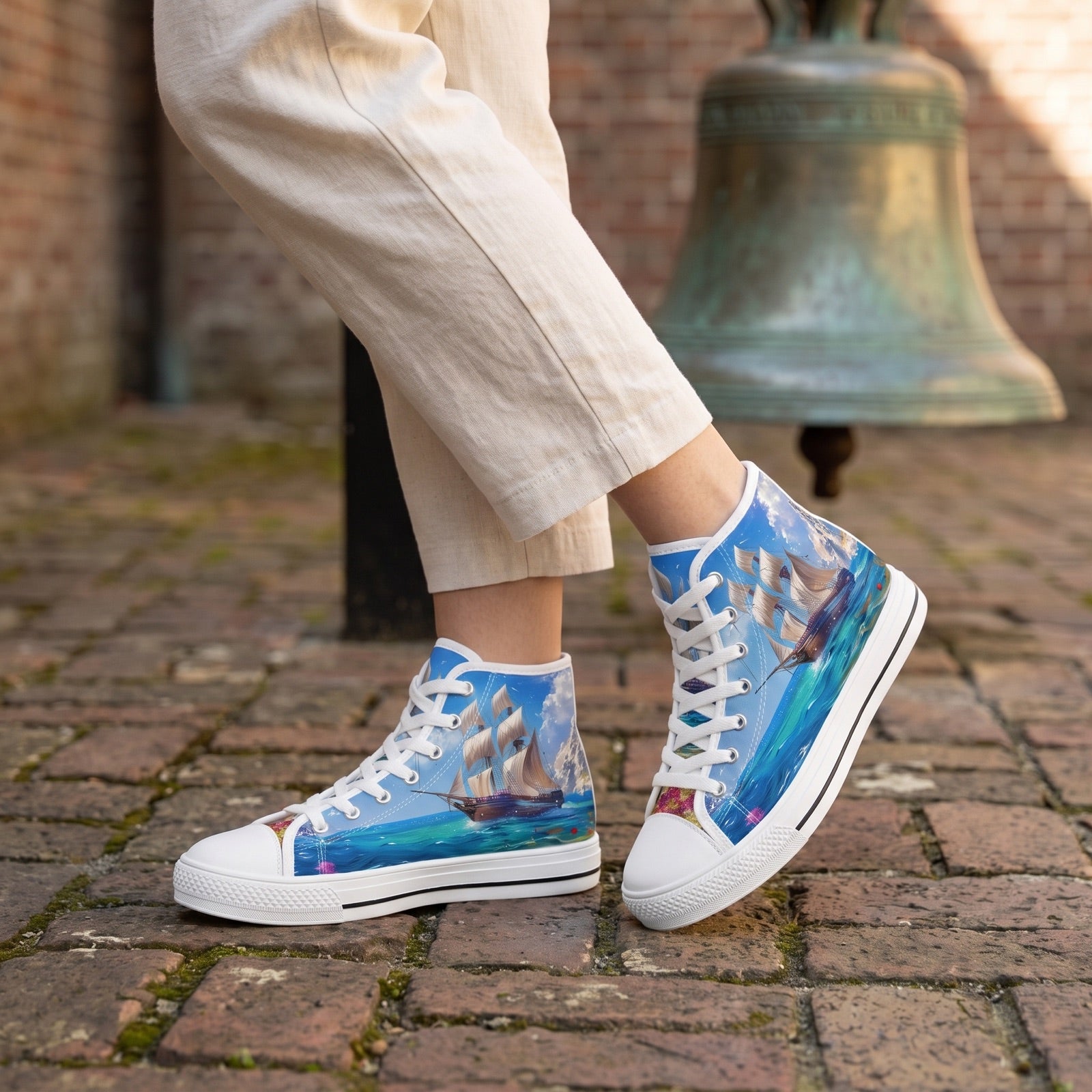 Sail Away into HIstory Ladies' High Top Sneakers — Maritime museum courtyard; old brick paving, weathered brass bell softly behind, soft afternoon