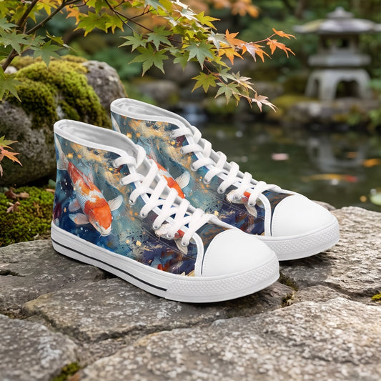 Serene Koi Pond Ladies' High Top Sneakers — Japanese-inspired tea garden path; dry stone terrace, maple canopy, subtle pond bokeh