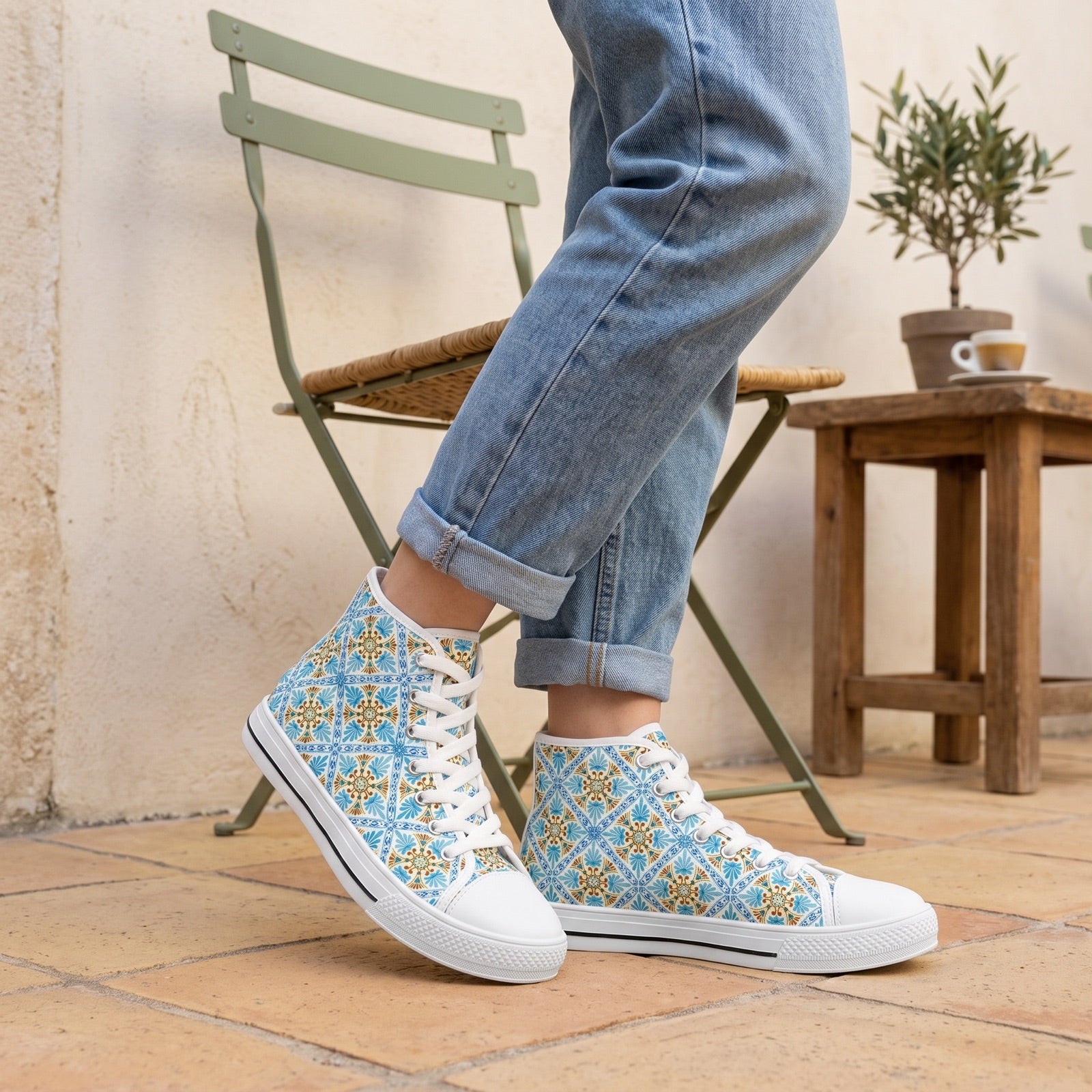 Mediterranean Mosaic Ladies' High Top Sneakers — Tiled courtyard café; ochre ceramic paving, olive-green bistro seat, cream plaster wall