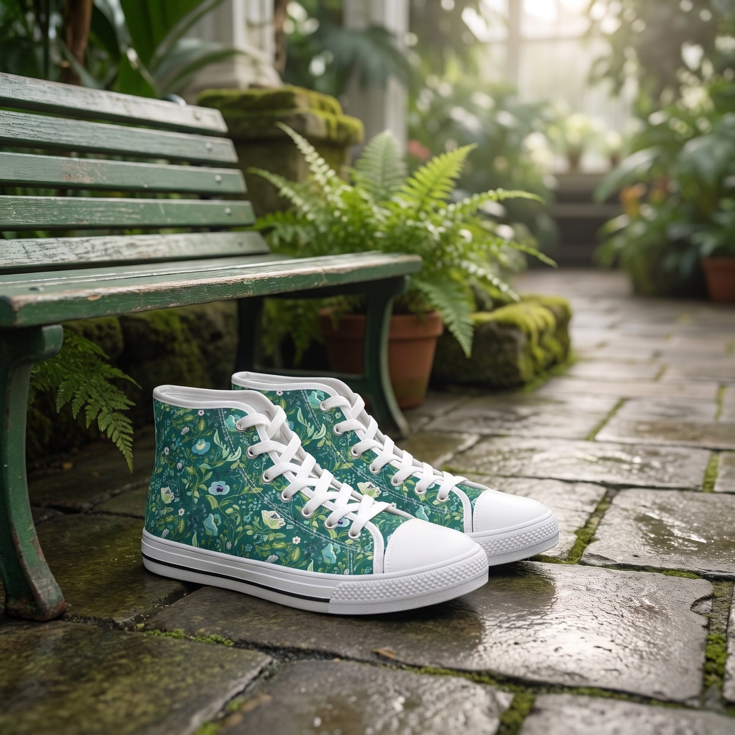 Serene Green Floral Ladies' High Top Sneakers — Botanical garden pavilion; moss-grey flagstone, green slatted bench, watery morning reflections