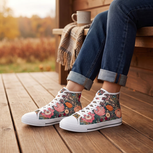 Renaissance Fall Floral High Top Sneakers — Autumn country-house porch; warm timber boards, russet landscape in distance, no scattered leaves on product
