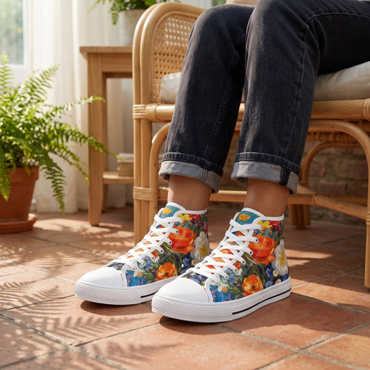 Blooming Bliss Ladies' High Top Sneakers — Conservatory reading nook; aged terracotta floor, fern-frond shadows, cane reading chair, late morning