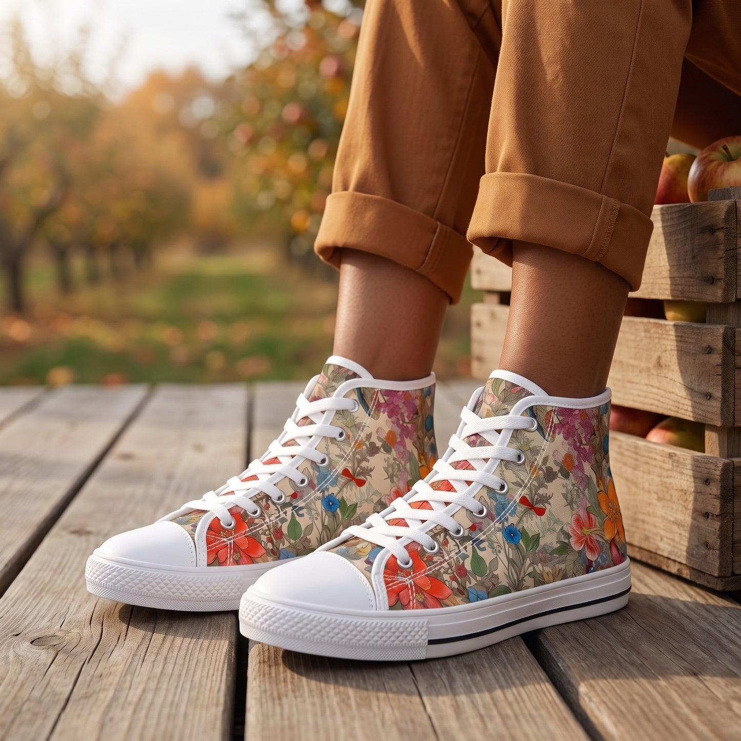 Autumn Harmony Ladies' High Top Sneakers. Lifestyle scene: Autumn orchard tasting veranda