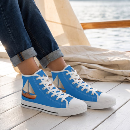 Sailboat Ladies' High Top Sneakers — Lakeside sailing club veranda; white painted floorboards, folded sailcloth nearby, sunlit water blur