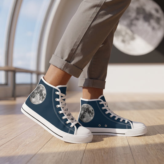 Lunar Lookout Ladies' High Top Sneakers — Observatory café during daytime; light oak floor, curved window, soft moon print far behind