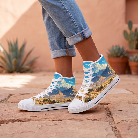 Southwest Desert Dreamscape Ladies' High Top Sneakers. Lifestyle scene: Desert adobe courtyard; warm peach plaster, sandstone pavers, distant agave silhouette