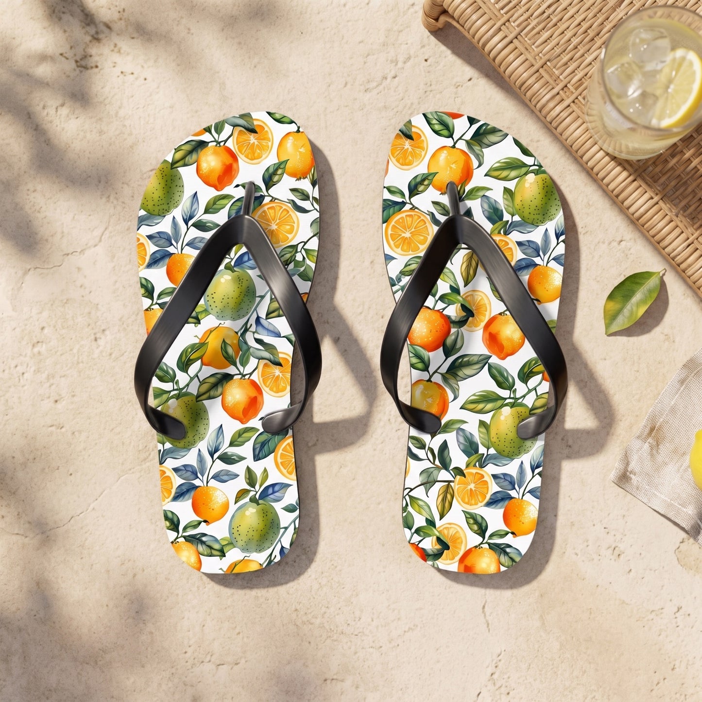 Lively Lemon-Lime Delight Flip Flops. 5/8" Thick Comfortable Summer or Winter Gym/Sauna Footwear for Men and Women.. Lifestyle scene: Summer lemonade terrace