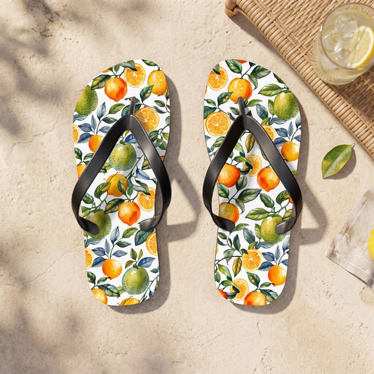 Lively Lemon-Lime Delight Flip Flops. 5/8" Thick Comfortable Summer or Winter Gym/Sauna Footwear for Men and Women.. Lifestyle scene: Summer lemonade terrace