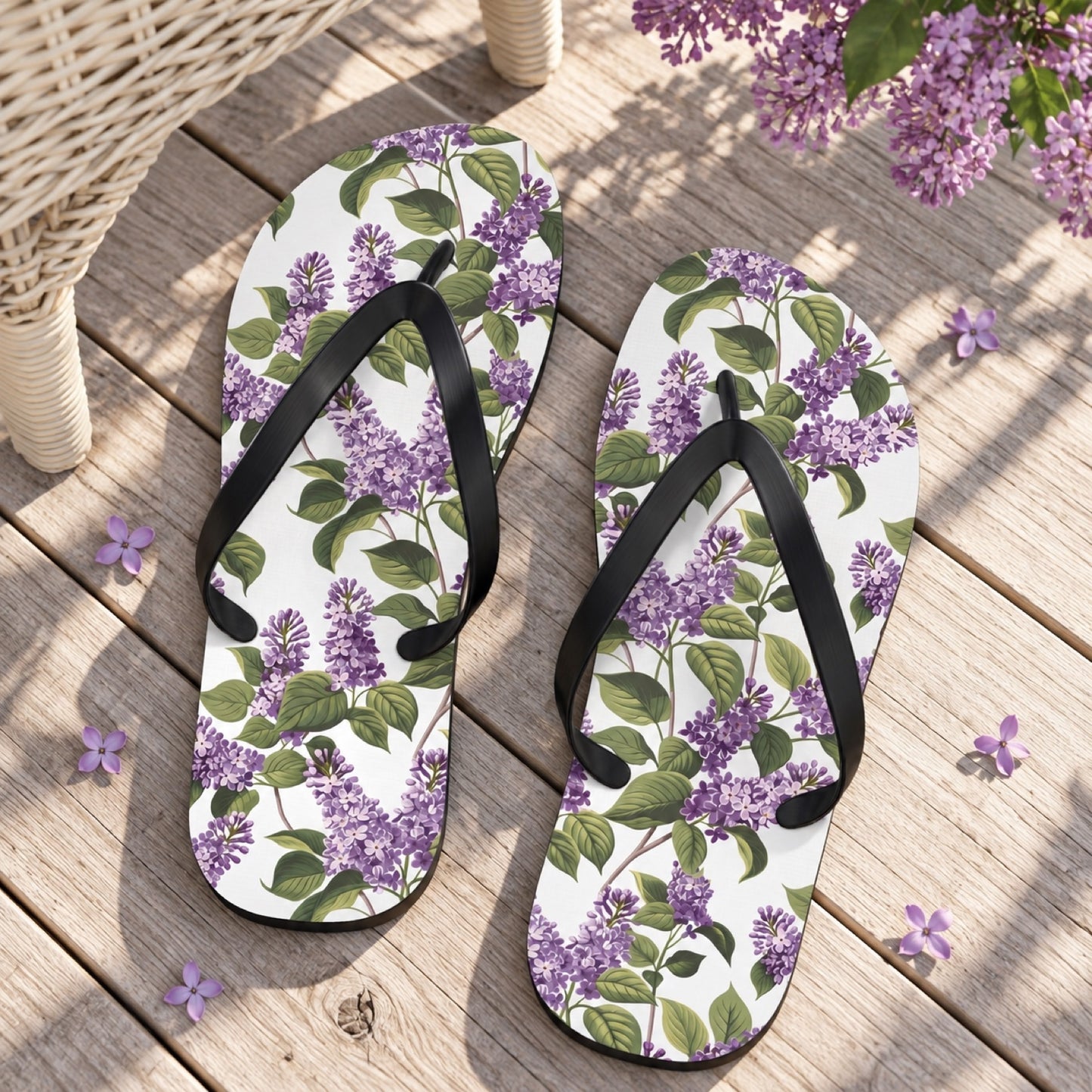 I Love Lilacs Flip Flops. Lifestyle scene: Lilac-framed lakeside porch; dry pale boards, cream woven chair, water bokeh