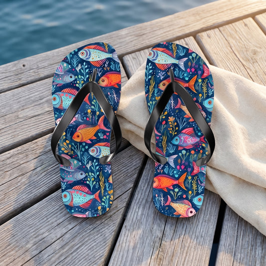 Fun Fish Flip Flops. 5/8" Thick Comfortable Summer or Winter Gym/Sauna Footwear for Men and Women.. Lifestyle scene: Lakeside dock swimming break