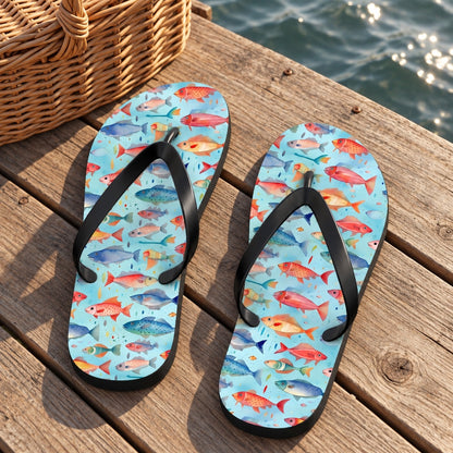 Happy Swimming Fish Flip Flops. Lifestyle scene: Clear-water lake picnic deck; dry maple-colour boards, wicker picnic basket, soft ripples behind
