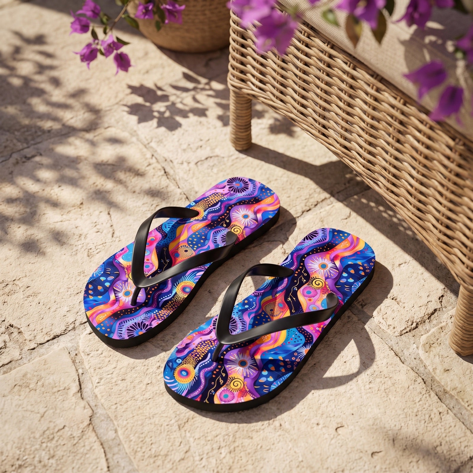 Purple Craziness Flip Flops. Lifestyle scene: Purple bougainvillea courtyard; dry pale limestone, wicker chair, sun-speckled foliage