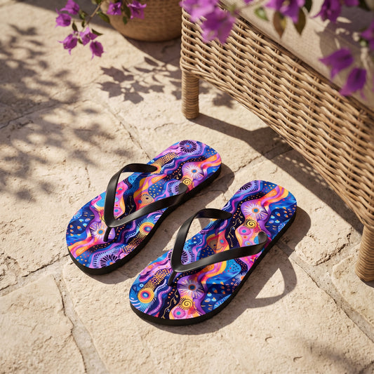 Purple Craziness Flip Flops. Lifestyle scene: Purple bougainvillea courtyard; dry pale limestone, wicker chair, sun-speckled foliage