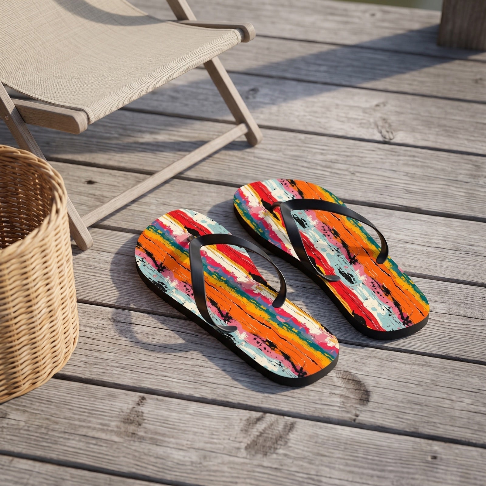 Rustic Weave Flip Flops. Lifestyle scene: Lakeside craft cabin porch; dry grey boards, natural wicker basket, oatmeal deck chair