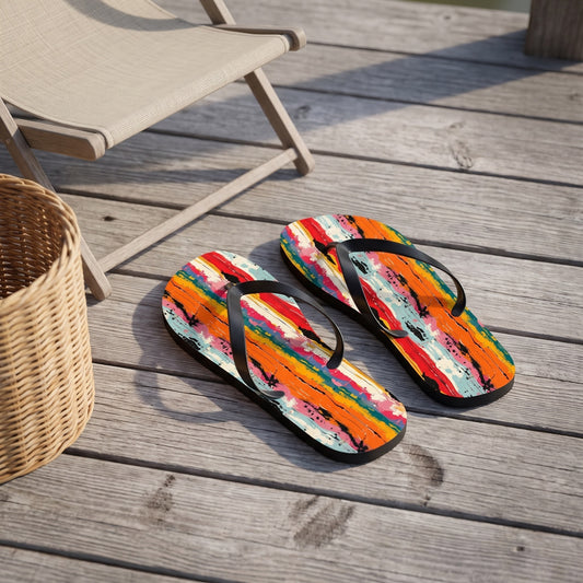 Rustic Weave Flip Flops. Lifestyle scene: Lakeside craft cabin porch; dry grey boards, natural wicker basket, oatmeal deck chair