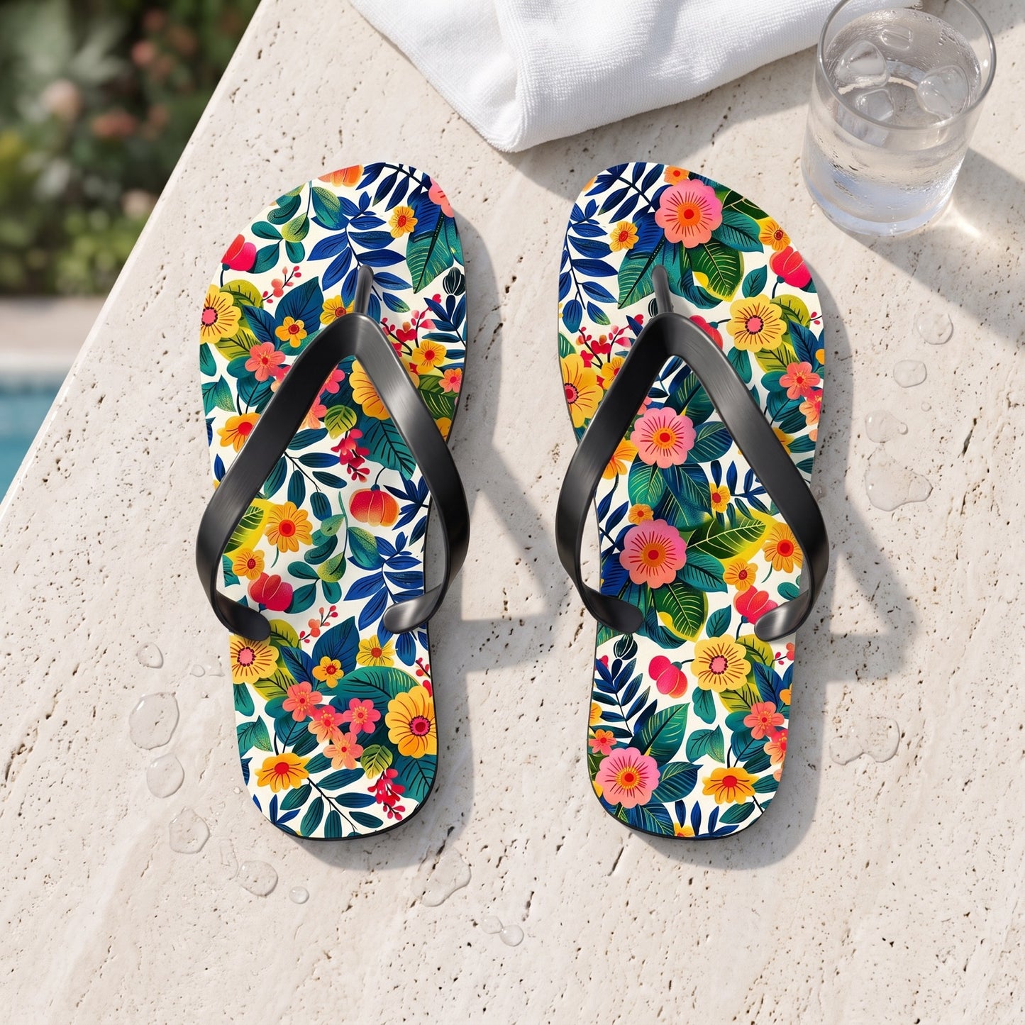 Blossom Bliss Flip Flops. 5/8" Thick Comfortable Summer or Winter Gym/Sauna Footwear for Men and Women.. Lifestyle scene: Garden pool after a swim