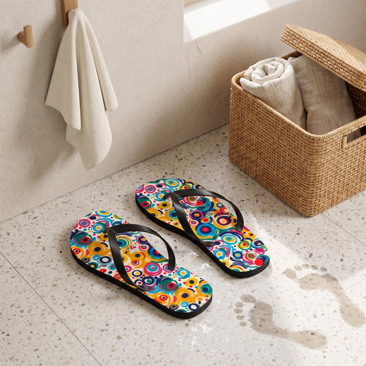 Pop Art Swirls Flip Flops. 5/8" Thick Comfortable Summer or Winter Gym/Sauna Footwear for Men and Women.. Lifestyle scene: Pool house changing nook