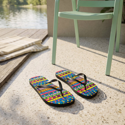 Pop Dot Parade Flip Flops. Lifestyle scene: Retro lakeside motel patio; dry pale terrazzo, mint chair, sunlit lake behind