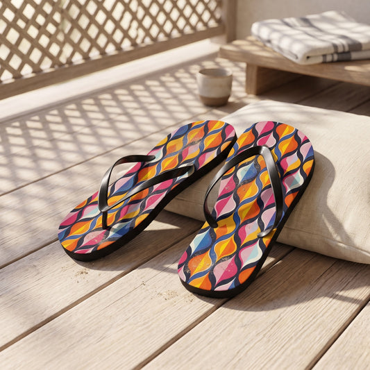 Lattice Dreams Flip Flops. Lifestyle scene: Lattice-screen holiday veranda; dry pale timber, patterned shadows on floor, plain cushion
