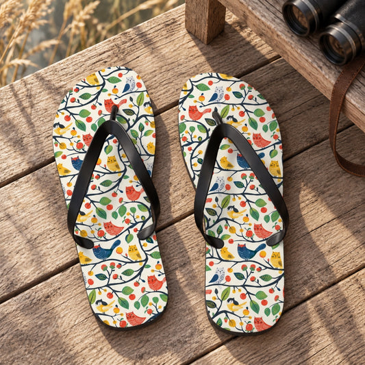 Catbird Tree Flip Flops. Lifestyle scene: Birdwatching lake cabin entry; dry timber boards, binoculars on bench, reeds softly behind