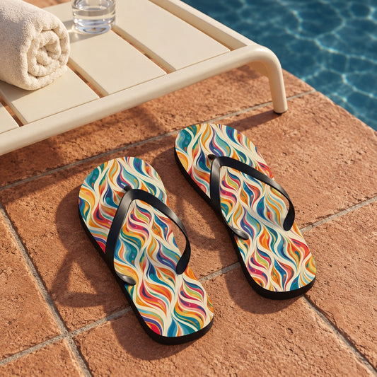 Modern Art Flames Flip Flops. Lifestyle scene: Desert art hotel pool terrace; dry rust-colour tiles, cream metal chair, deep blue water