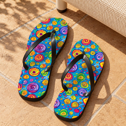 Color Whirl Flip Flops. Lifestyle scene: Colourful modern hotel balcony; dry honey tiles, muted colourful wall, cream lounge chair