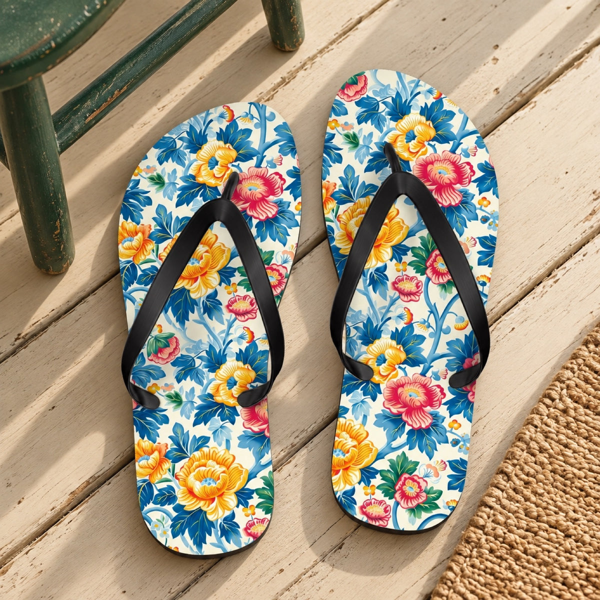 Victorian Vine Romp Flip Flops. Lifestyle scene: Victorian seaside guesthouse balcony; cream painted boards, dark green chair, sea haze
