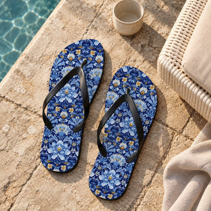 British Heritage Floral Flip Flops. Lifestyle scene: English country-house garden pool; dry limestone, cream pool chair, clipped greenery far behind