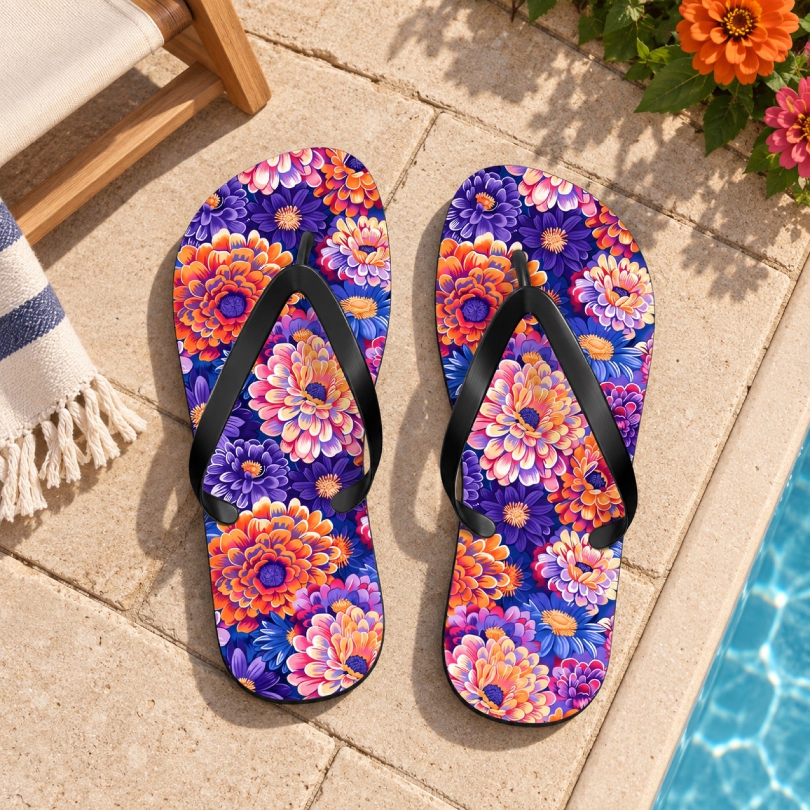 Zinnias in Bloom Flip Flops. Lifestyle scene: Zinnia-lined backyard pool deck; clean sand-coloured pavers, cream parasol, canvas chair