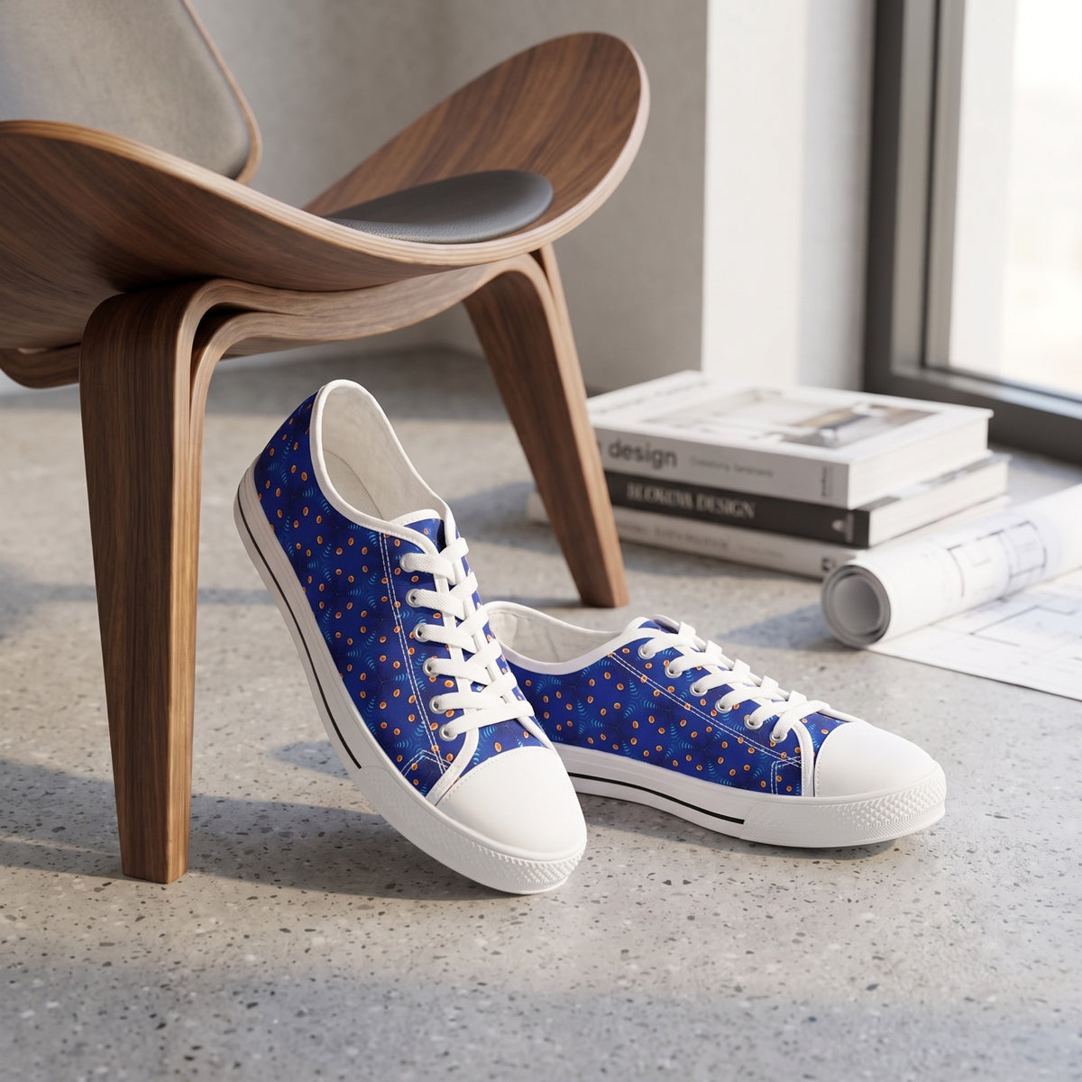 GeoSpark Ladies' Low Top Sneakers — Architecture studio lounge; soft-grey terrazzo, sculptural walnut chair, bright north light