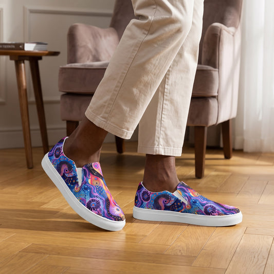 Purple Craziness Men’s Slip-On Canvas Shoes — Boutique hotel reading room; honey parquet, velvet chair, book on a distant table