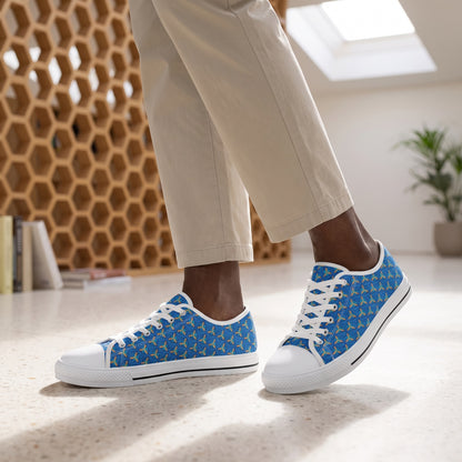 GeoHive Men's Low Top Sneakers. Lifestyle scene: Modern design library; ivory terrazzo, honeycomb timber screen in background, soft skylight