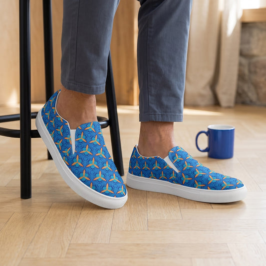 GeoHive Men’s Slip-On Canvas Shoes. Lifestyle scene: Creative studio coffee break