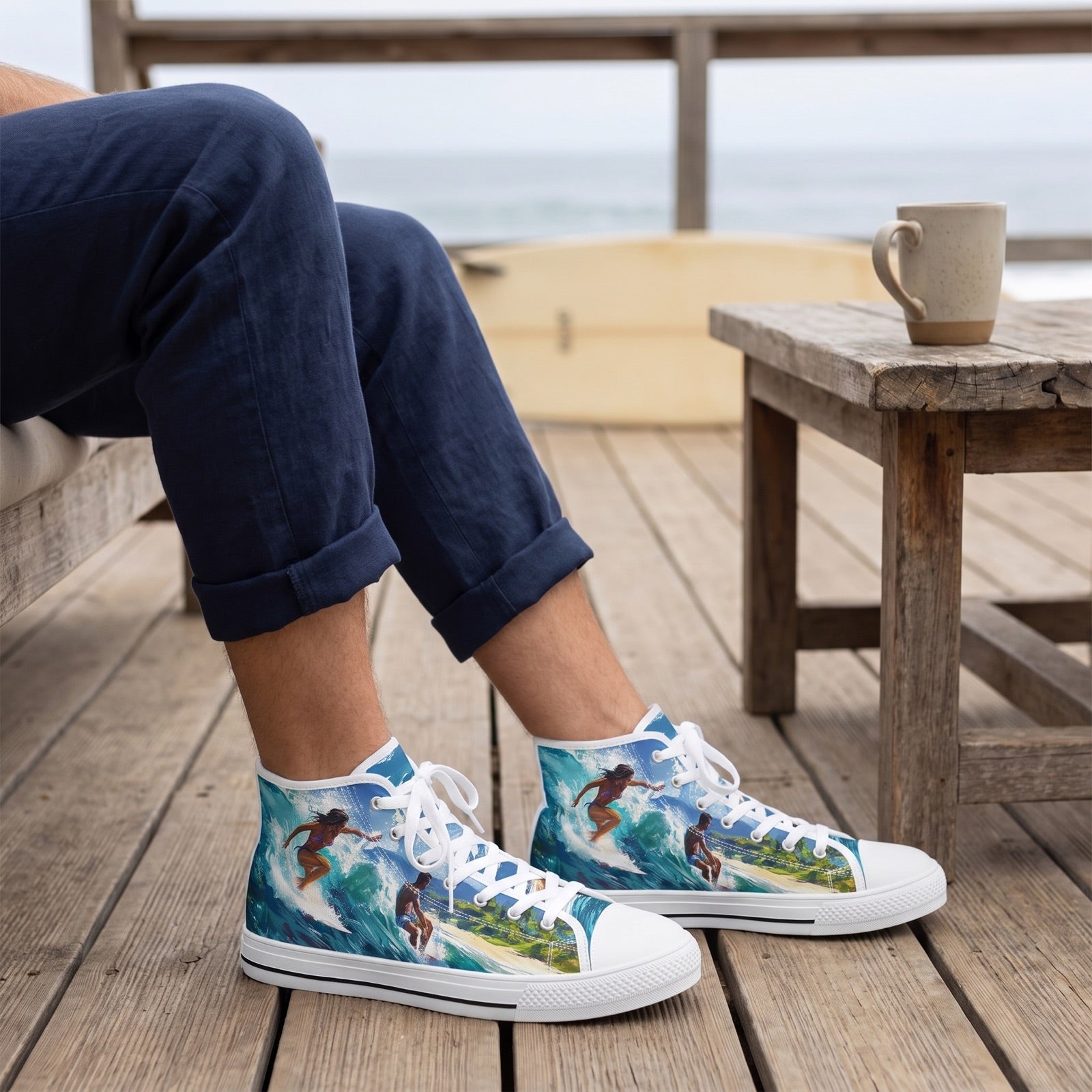 Wave Rider Men's High Top Sneakers — Boardwalk surf café; dry weathered boards, ocean haze, unbranded surfboard distant
