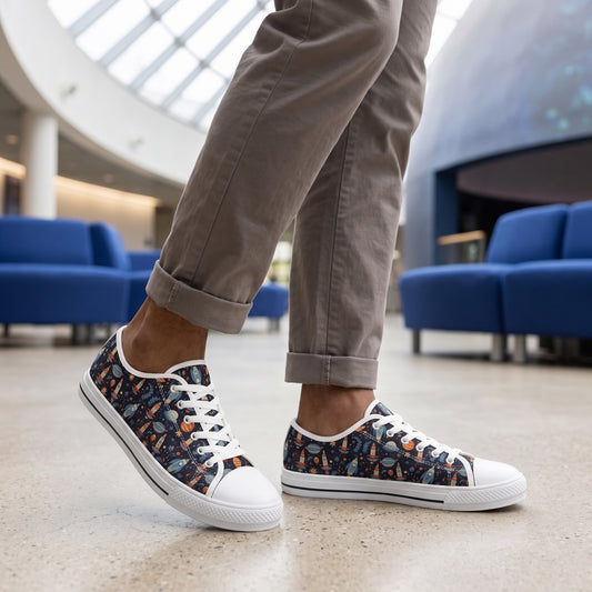 Galactic Space Rocket Romp Men's Low Top Sneakers — Indoor planetarium atrium; light concrete, cobalt seating accent, diffused skylight