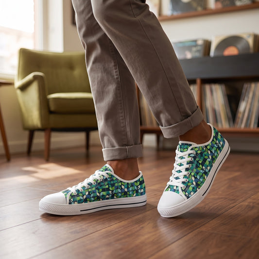1960s Groovy Mod Men's Low Top Sneakers — Midcentury record-store listening lounge; walnut floor, olive chair, vintage vinyl shelves blurred