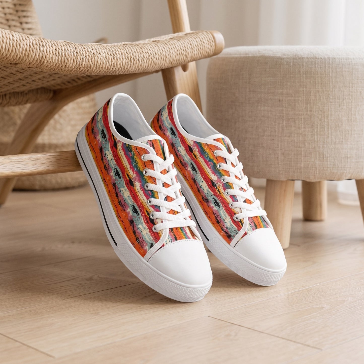 Rustic Weave Men's Low Top Sneakers . Lifestyle scene: Craft furniture showroom; pale oak floor, woven chair, tactile linen stool