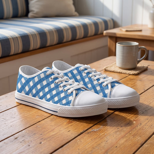 Modern Blue Ribbon Men's Low Top Sneakers — Sailing-club coffee nook; honey floorboards, striped cushion behind shoes, cool morning daylight