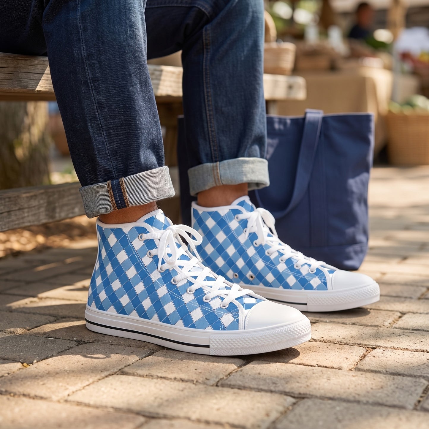 Modern Blue Ribbon Men's High Top Sneakers — Riverfront weekend market bench; light brick pavers, navy market tote behind, tree shade