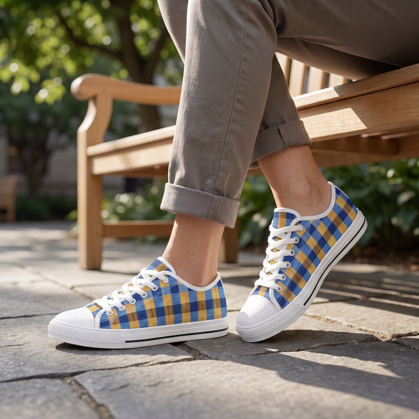 Modern Gingham Ladies' Low Top Sneakers — City library courtyard; grey flagstone, blonde oak bench, leafy tree shade
