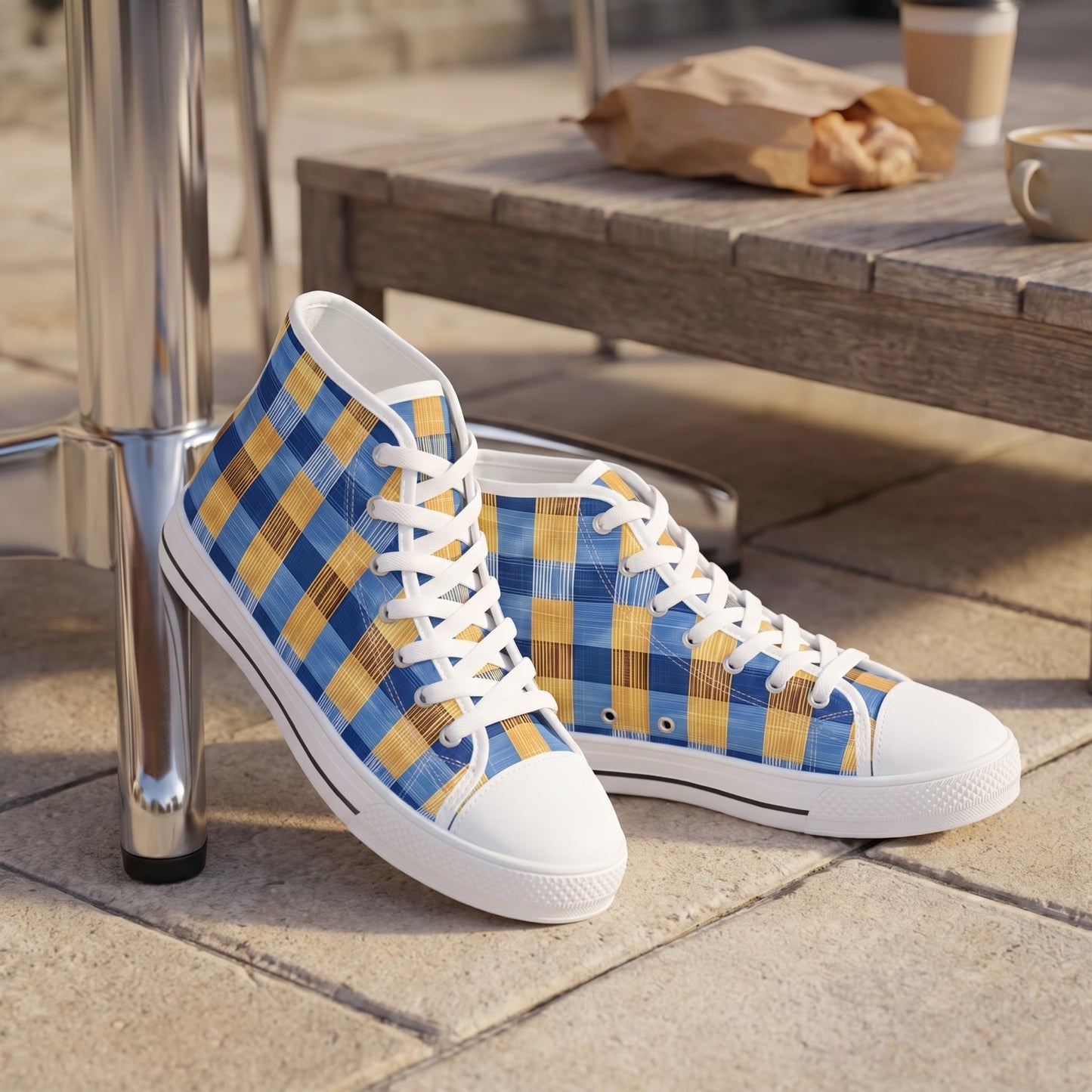 Modern Gingham Ladies' High Top Sneakers — Urban bakery sidewalk seat; light stone pavers, chrome chair legs, pastry paper on distant tabletop