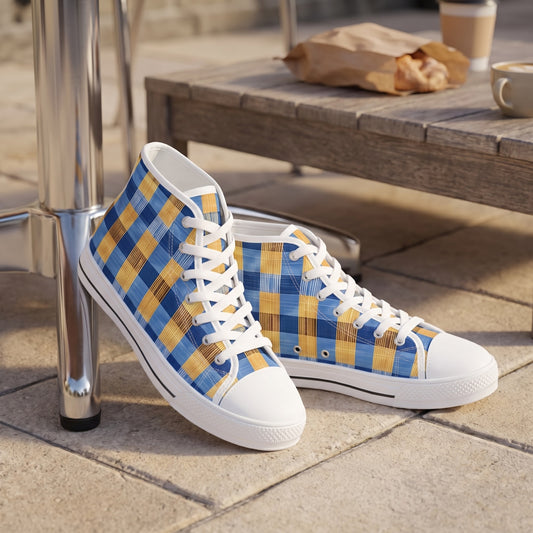 Modern Gingham Ladies' High Top Sneakers — Urban bakery sidewalk seat; light stone pavers, chrome chair legs, pastry paper on distant tabletop