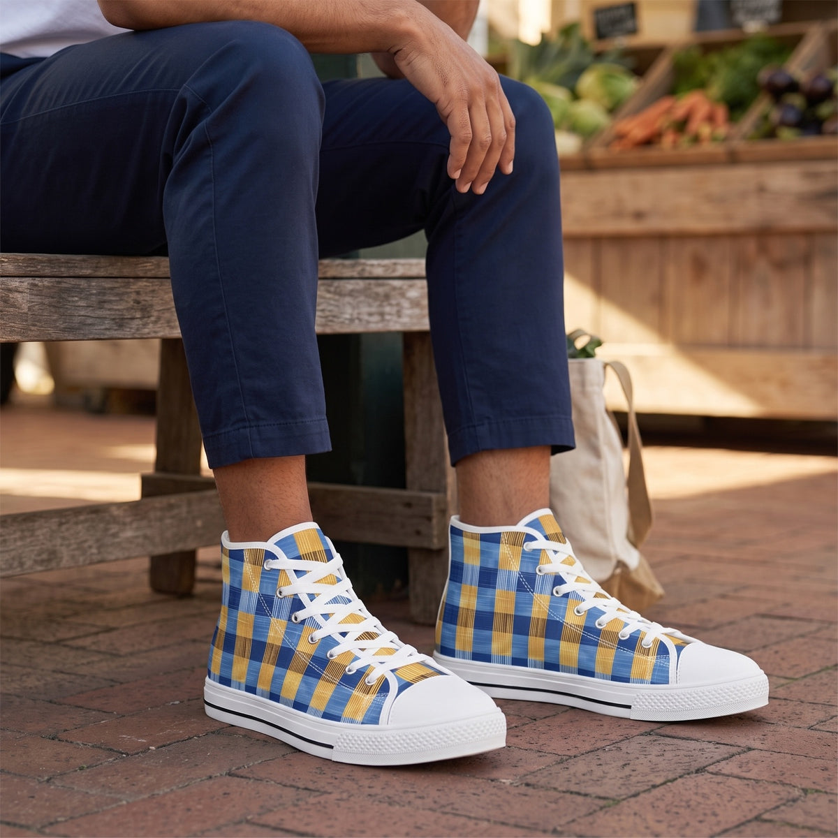 Modern Gingham Men's High Top Sneakers. Lifestyle scene: Saturday farmers market pause