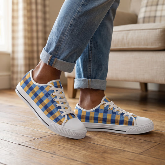 Modern Gingham Men's Low Top Sneakers — Rustic inn breakfast lounge; reclaimed oak floor, plain linen chair, soft checked curtain blur