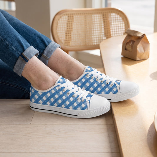 Modern Blue Ribbon Ladies' Low Top Sneakers. Lifestyle scene: Bakery breakfast errand