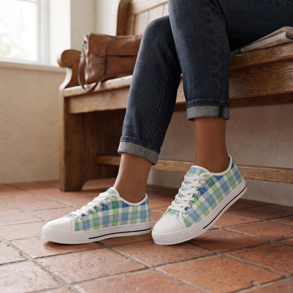 Spring Mist Plaid Ladies' Low Top Sneakers — Village train-station waiting room; old terracotta tiles, oak bench, diffused daylight