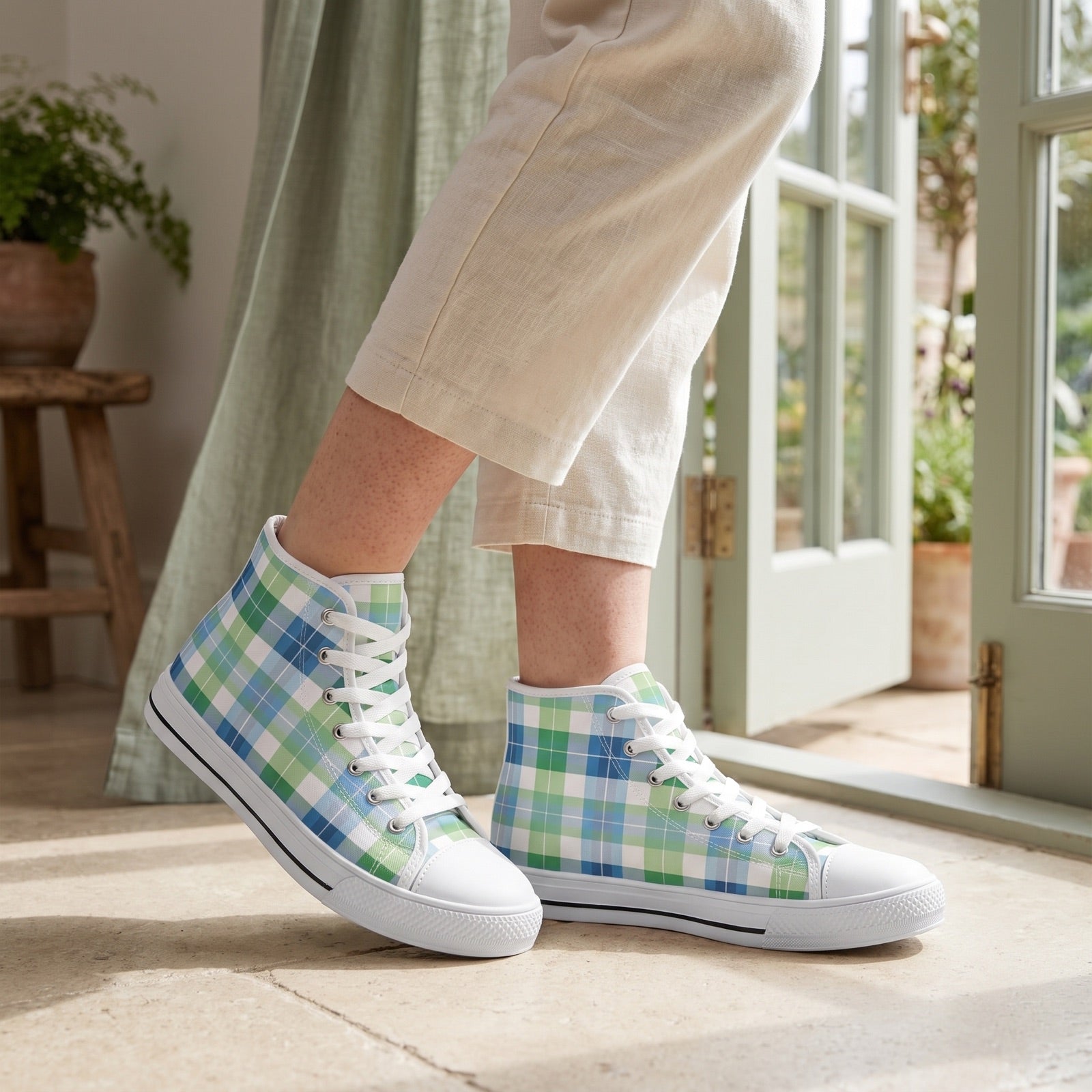 Spring Mist Plaid Ladies' High Top Sneakers — Spring garden-room doorway; cream limestone, sage French doors, linen curtain in breeze